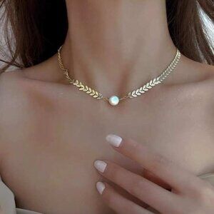 Gold Leaf Necklace with Pearl Accent